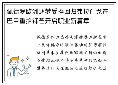 佩德罗欧洲逐梦受挫回归弗拉门戈在巴甲重拾锋芒开启职业新篇章
