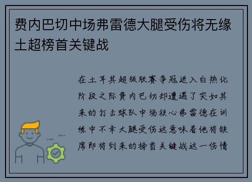 费内巴切中场弗雷德大腿受伤将无缘土超榜首关键战 费内巴切中场弗雷德大腿受伤将无缘土超榜首关键战