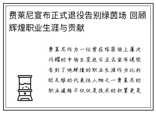 费莱尼宣布正式退役告别绿茵场 回顾辉煌职业生涯与贡献 费莱尼宣布正式退役告别绿茵场 回顾辉煌职业生涯与贡献